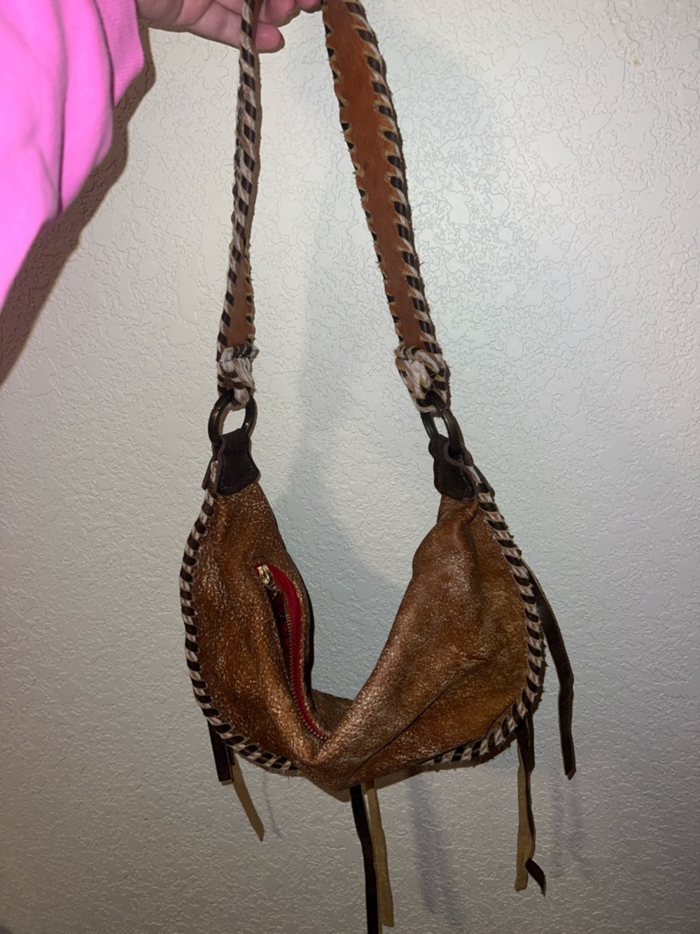 Brown Suede Shoulder Bag with Braided Trim